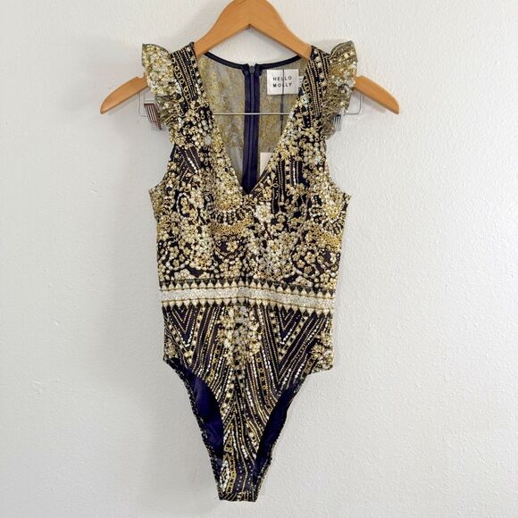 Hello‎ Molly Bodysuit Womens 2 Black Gold Print Sparkly Whimsical Steampunk Y2K - Picture 1 of 12
